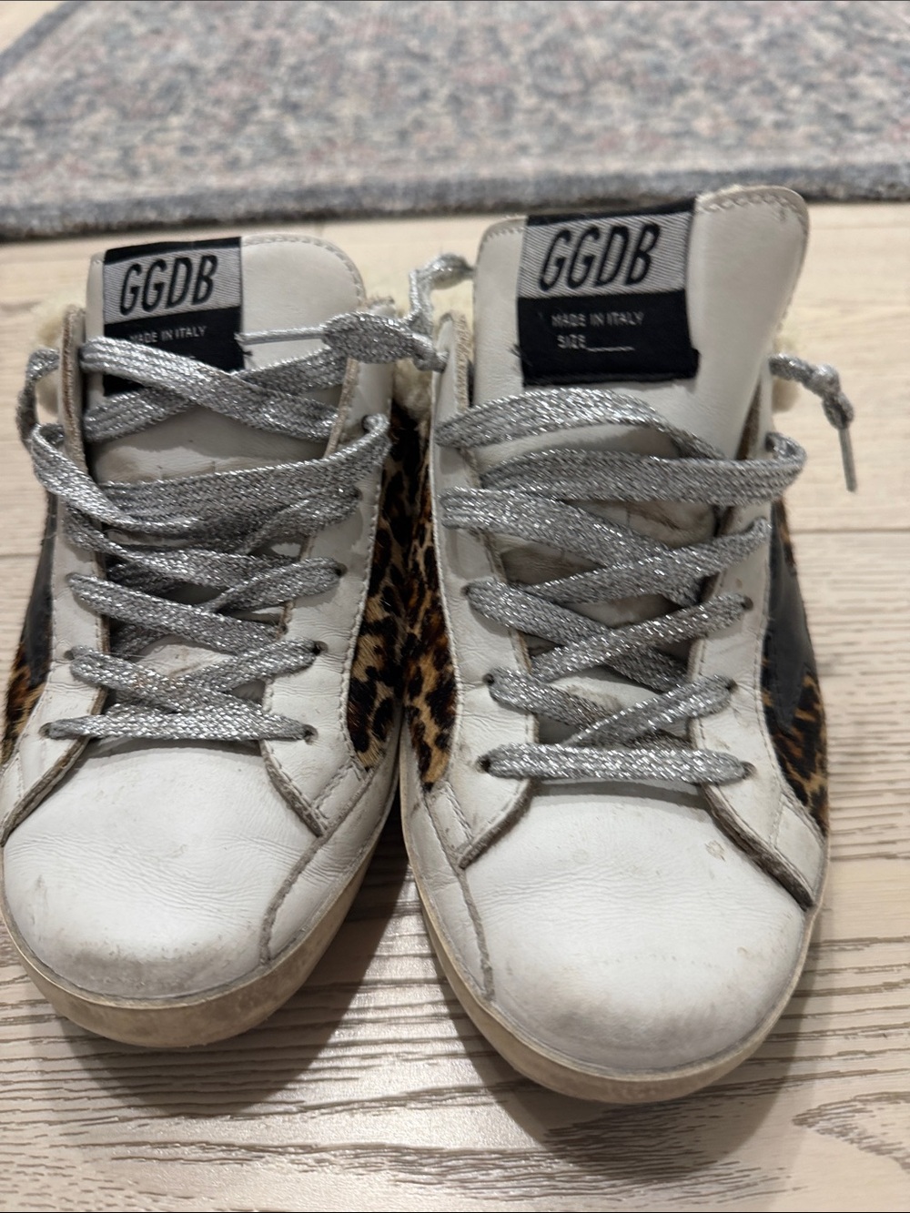 Golden Goose White Leather Sneakers with Leopard Print and Silver Laces